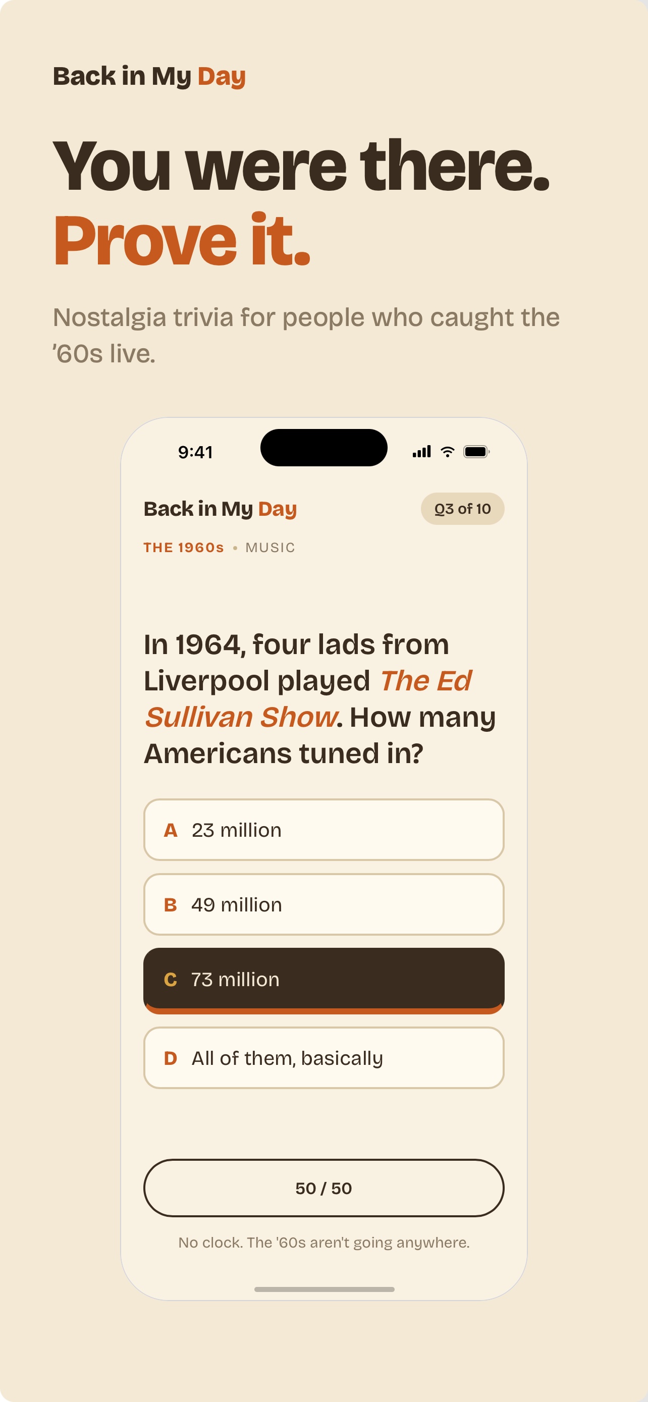 Back in My Day poster on a cream background reading You were there. Prove it., with an iPhone showing a 1960s music question and four lettered answer options.
