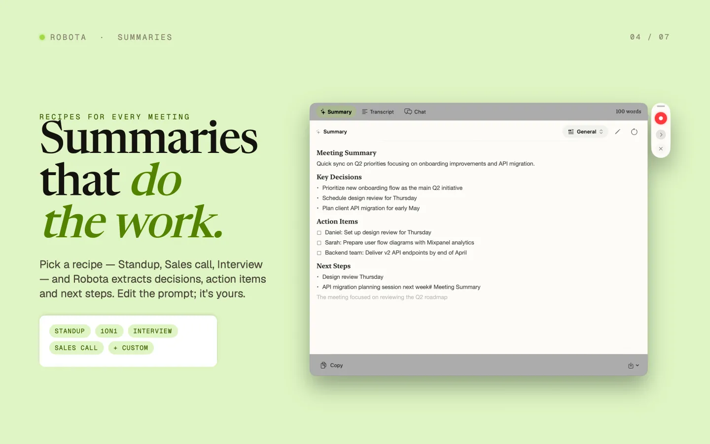 AI-generated meeting summary listing key decisions, action items, and next steps, with selectable recipe templates.
