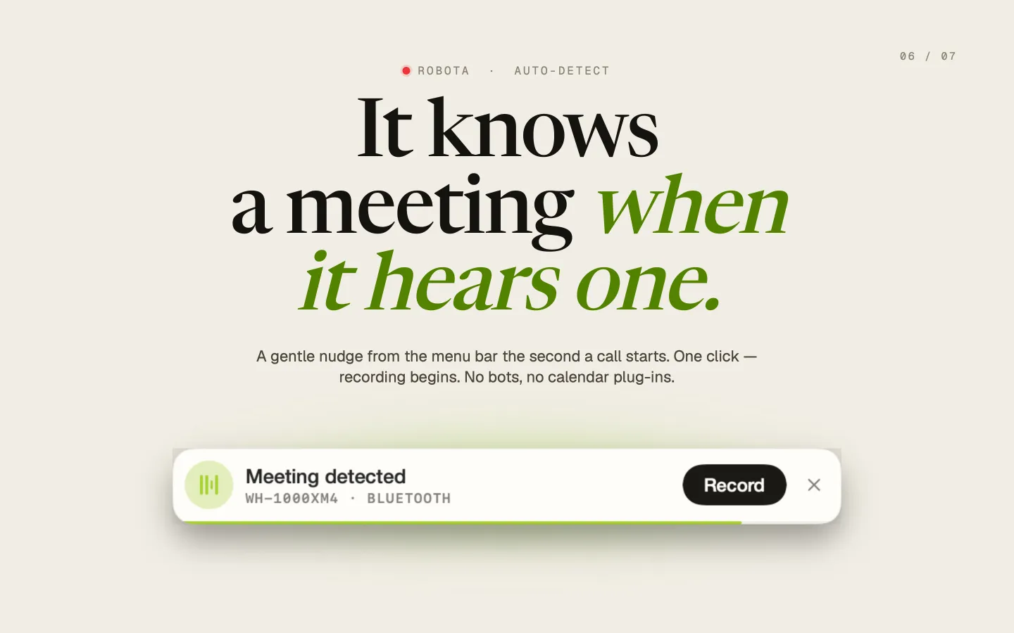 Floating 'meeting detected' alert offering one-click recording when a headset connects.