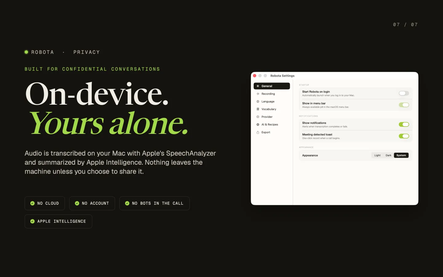 Privacy overview: audio is transcribed on-device with Apple SpeechAnalyzer - no cloud, no account, nothing leaves the Mac.