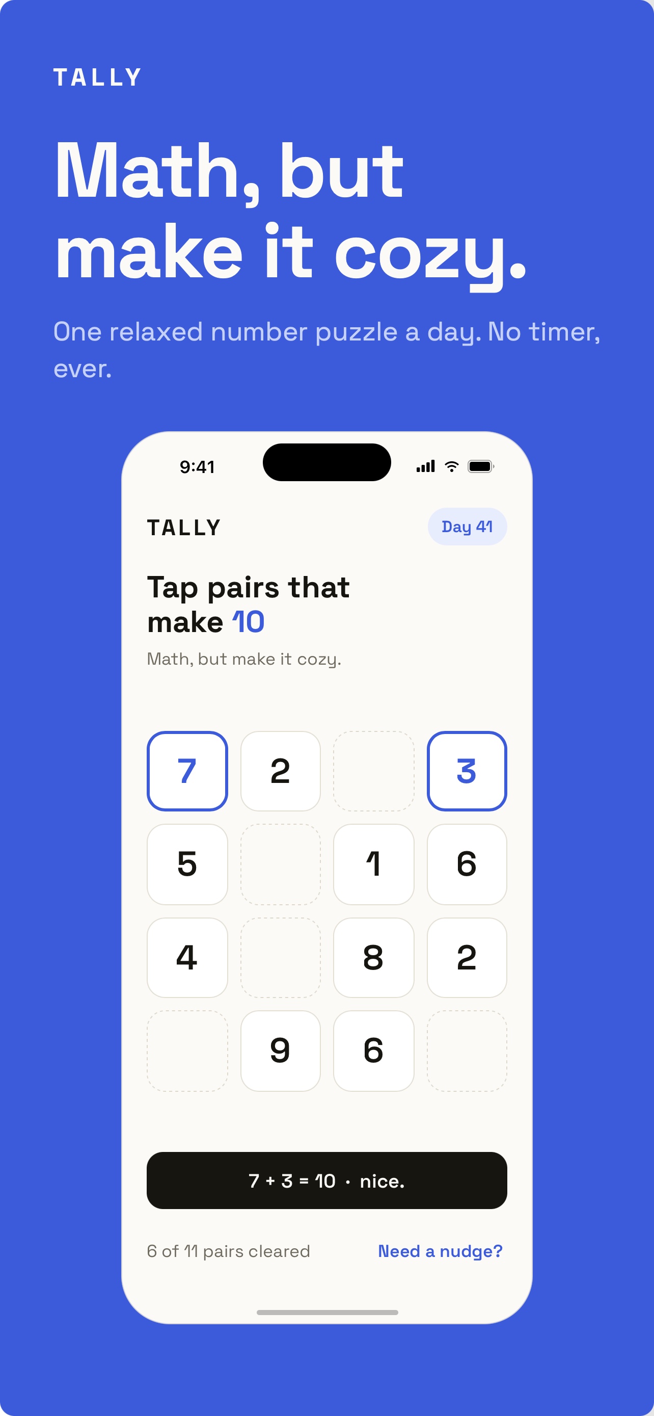 Tally on an iPhone, showing the puzzle board under the line Math, but make it cozy.