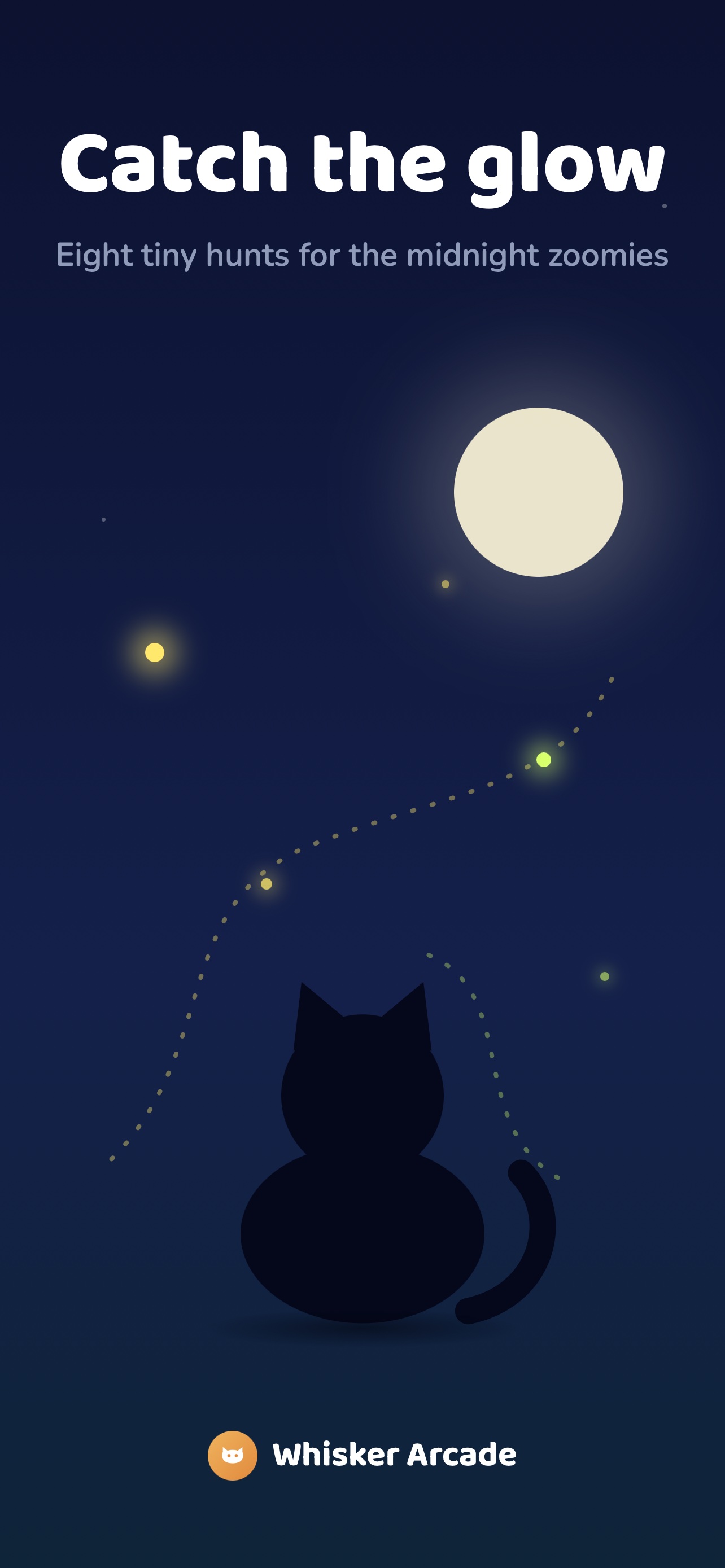A night-sky poster reading Catch the glow, eight tiny hunts for the midnight zoomies: a cat silhouette watching fireflies drift under a full moon.