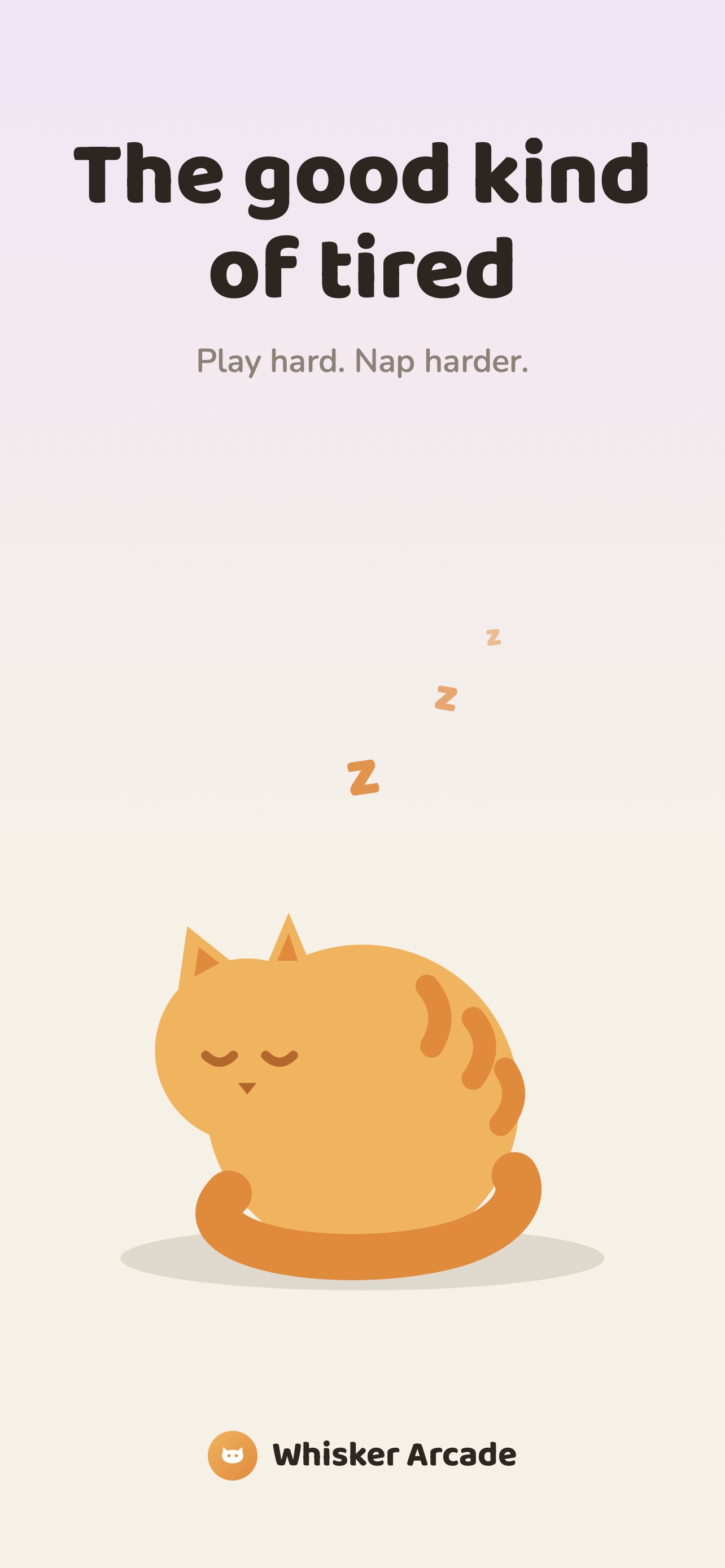 A soft lavender poster reading The good kind of tired, play hard, nap harder: an orange cat curled up asleep under drifting Zs.